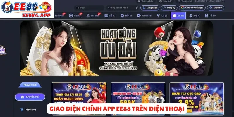 Giao diện chính app EE88 trên điện thoại