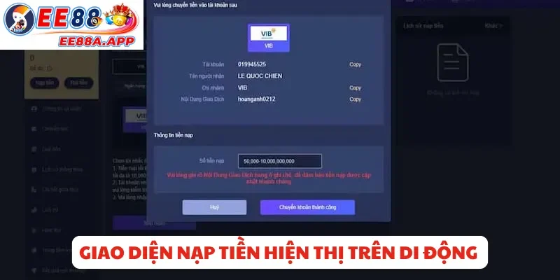 Giao diện mục nạp tiền EE88 hiển thị trên điện thoại di động