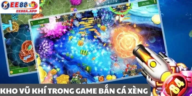 Kho vũ khí trong game Bắn Cá Xèng với súng bắn lưới, bom điện và súng laze nâng cấp